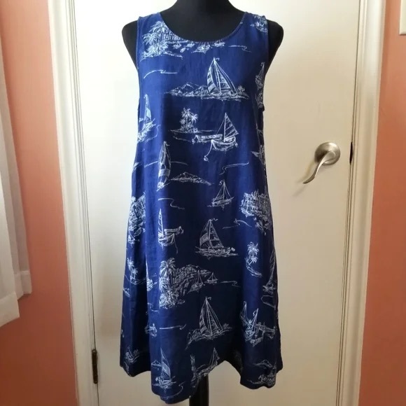 Linen Navy Blue Nautical Sailboat Dress - Picture 2 of 5